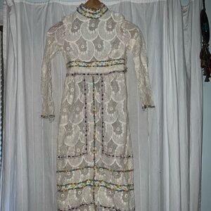 Vintage handmade Chic Lace Dress with Multicolor Detailed embroidered flowers
